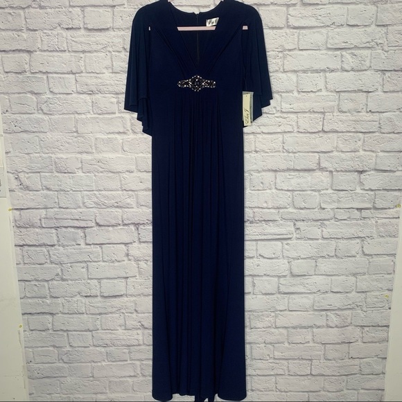 NWT Eliza J Navy Blue Embellished Cape Maxi Gown - Picture 4 of 16